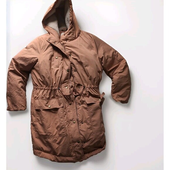 LOFT Women's L Mauve Pink Puffer Duvet Coat Jacket Mid Length Hood & Pockets - Picture 1 of 12